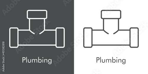 Icono plano con texto Plumbing y silueta de tubería con forma de letra T con lineas en fondo gris y fondo blanco