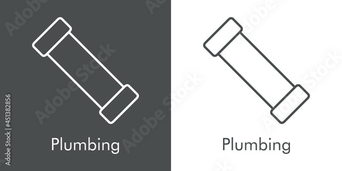 Icono plano con texto Plumbing y silueta de tubería recta con lineas en fondo gris y fondo blanco