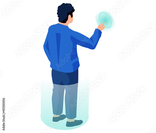 Young guy stands back view presses finger on virtual button isolated on white background. Man is looking at something behind him. Male character person stands with back to viewer vector illustration