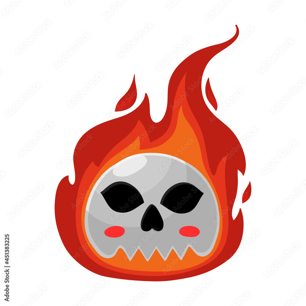 The skull is on fire. Vector illustration isolated on white background. Halloween decor. Flame and bone. Cartoon style The skull is on fire. Vector illustration isolated on white background. Halloween decor. Flame and bone. Cartoon style