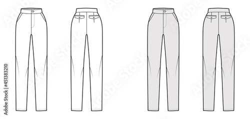 Pants slim fitted straight technical fashion illustration with normal waist, high rise, full length. Flat bottom trousers apparel template front, back, white grey color. Women men unisex CAD mockup