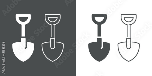 Logotipo silueta de pala pequeña con lineas y relleno en fondo gris y fondo blanco