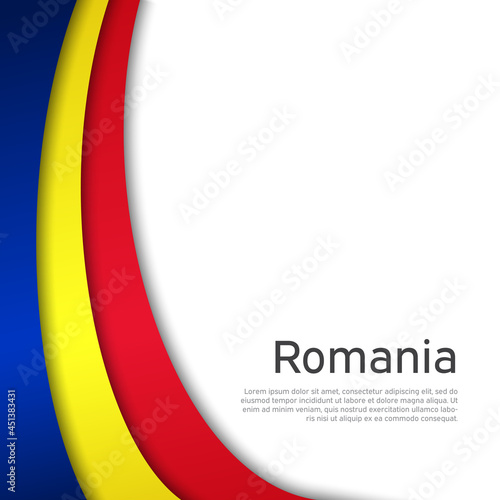 Abstract waving romania flag. Paper cut style. Creative background for patriotic, festive card design. National Poster. State romanian patriotic cover, booklet, flyer. Vector tricolor design photo