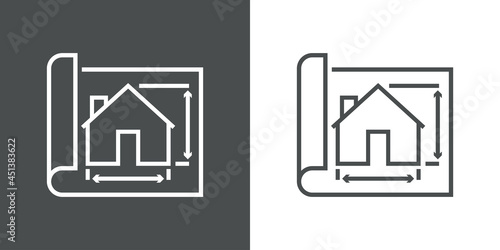 Estudio de arquitectura. Icono silueta de plano de papel con casa con medidas con lineas en fondo gris y fondo blanco