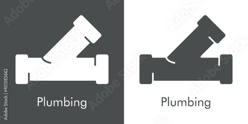 Icono plano con texto Plumbing y silueta de tubería con forma de letra Y en fondo gris y fondo blanco