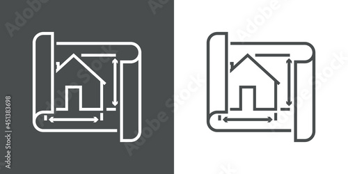 Estudio de arquitectura. Icono silueta de plano de papel con casa con medidas con lineas en fondo gris y fondo blanco photo