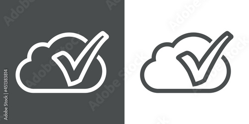 Logotipo silueta de nube con cheque con lineas en fondo gris y fondo blanco