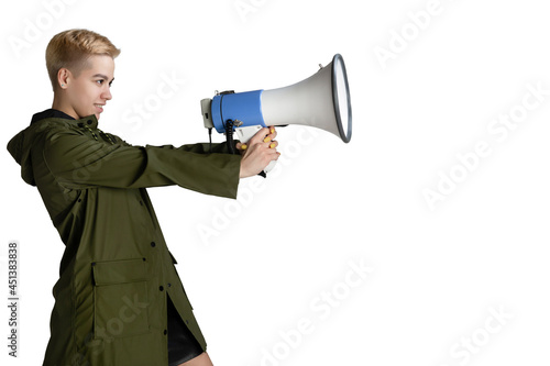 girl with a megaphone looks to the side. White background