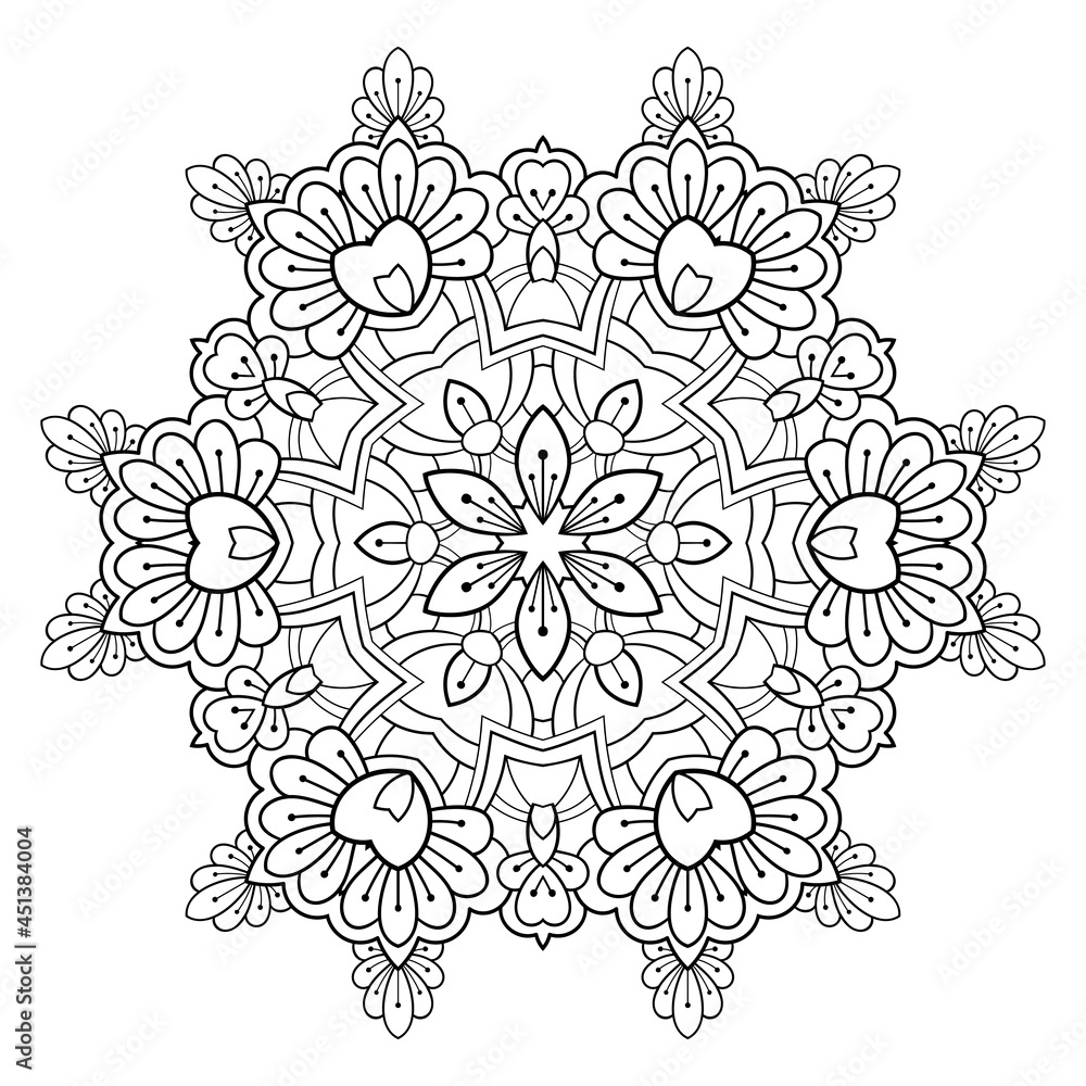 Decorative mandala with henna and floral elements on a white isolated background. For coloring book pages.