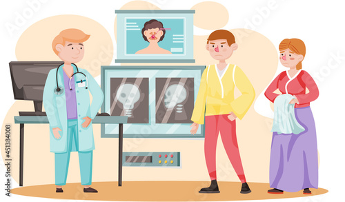 Otolaryngologist doctor with nose, ear and throat or ENT diagnostic and treatment instruments. Otology doctor with patient. Otorhinolaryngology healthcare medicine or otolaryngology diseases