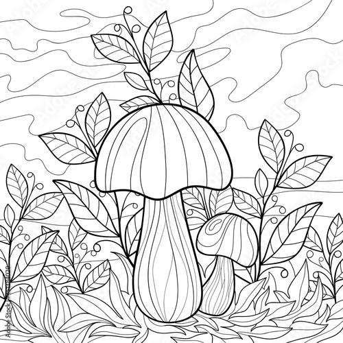 Cute mushrooms with leaves and berries, grass, sky. Summer illustration on a white isolated background. For coloring book pages.