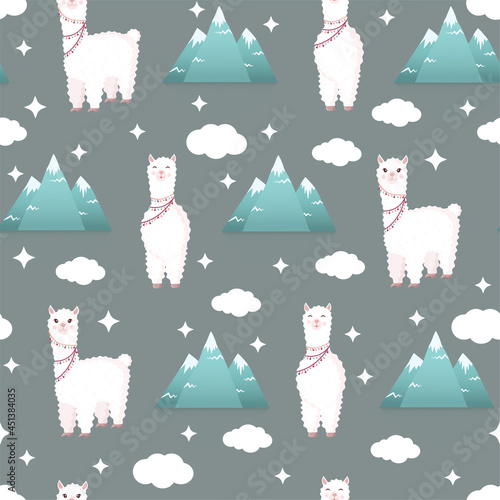 Seamless pattern with llamas and mountains on a gray background. Vector illustration for baby texture, textile, fabric, poster, greeting card, decor. Cute alpaca from Peru. Textures with animals.