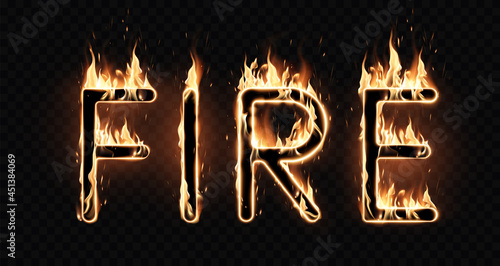 The word FIRE is written in fiery letters on a black background. A special transparent smoke effect. Very realistic illustration.