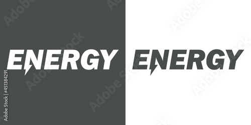 Logotipo con texto ENERGY con letra N con forma de rayo en fondo gris y fondo blanco
