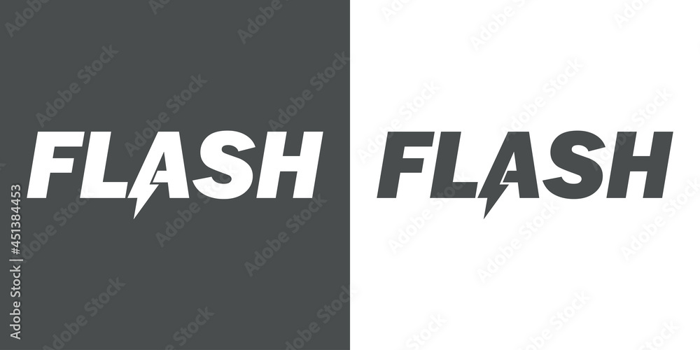 Logotipo con texto FLASH con letra A con forma de rayo en fondo gris y fondo blanco