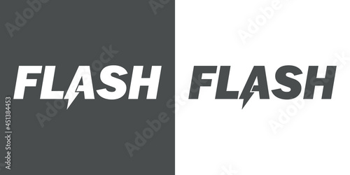 Logotipo con texto FLASH con letra A con forma de rayo en fondo gris y fondo blanco