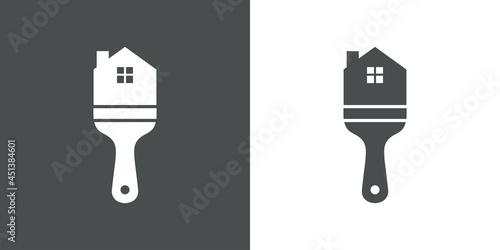 Logotipo silueta de pincel de pintor con pincelada con forma de casa en fondo gris y fondo blanco