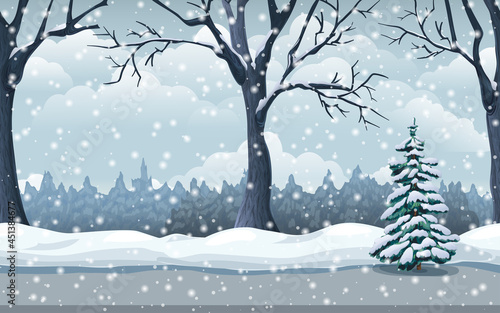 scenic winter snowfall landscape. seamless snow background with trees, road and forest. park or garden snowy panorama. cold season scene. Cartoon vector illustration great for game location design
