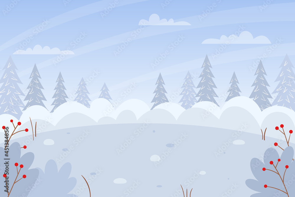 Naklejka Horizontal winter, snowy landscape. Snowdrifts, bushes, fir trees in the snow, snow-covered bushes. Color vector illustration. Nature background with empty space for text