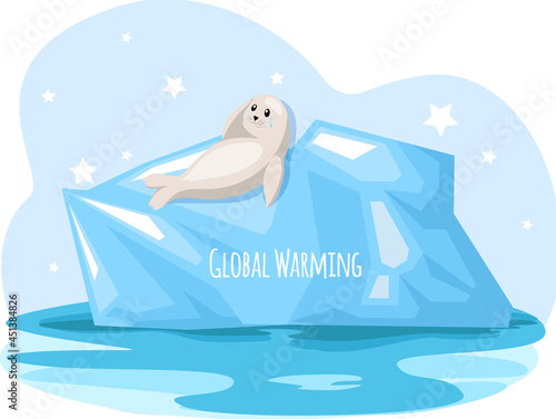 Polar seal is sad about climate change and global warming. Animals during global warming concept. Seal lies on the iceberg and cries. Animal on block of ice is crying because of melting glaciers