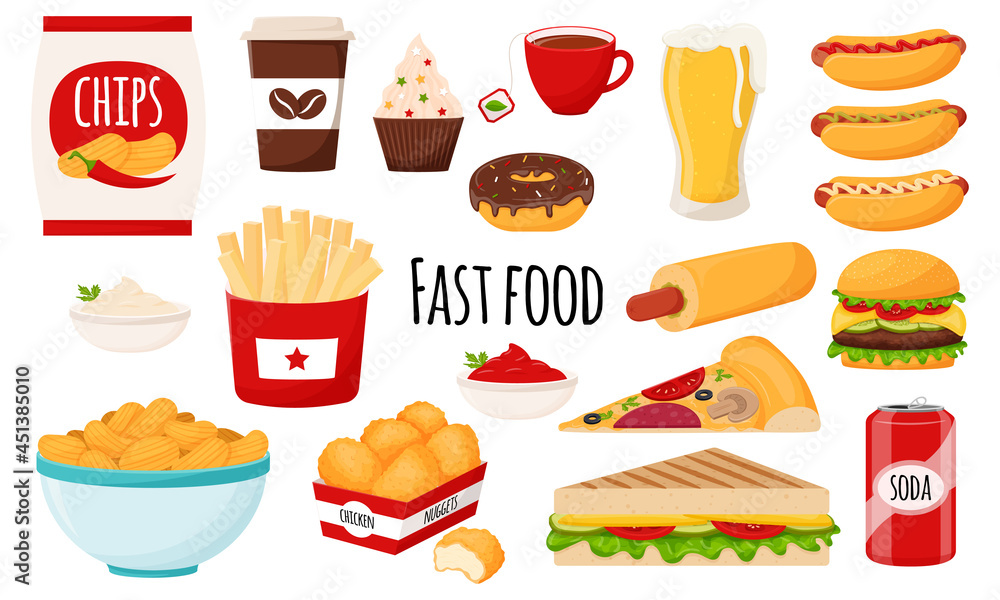 Fast food collection. A set of fatty, high-calorie, harmful food. Hamburger, hot dog, chips, French fries, chicken nuggets, pizza, chips . Flat cartoon style, isolated on white. vector illustration Fast food collection. A set of fatty, high-calorie, harmful food. Hamburger, hot dog, chips, French fries, chicken nuggets, pizza, chips . Flat cartoon style, isolated on white. vector illustration