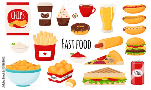 Fast food collection. A set of fatty, high-calorie, harmful food. Hamburger, hot dog, chips, French fries, chicken nuggets, pizza, chips . Flat cartoon style, isolated on white. vector illustration