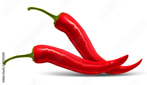 Two red hot peppers on a white background. Very realistic illustration.