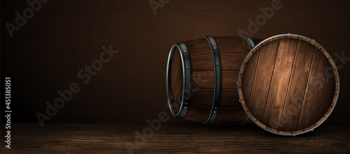 Beer barrel and cap on a wooden background. Highly realistic illustration.