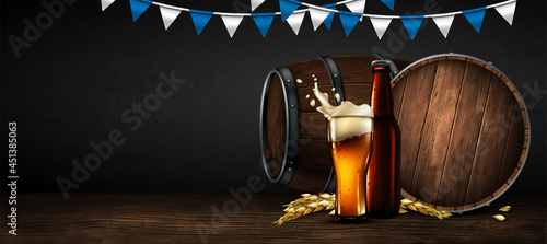 Advertising for traditional beer festival Oktoberfest. Beer barrel and glassl. Highly detailed illustration.