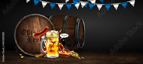 Advertising food and drink elements for traditional beer festival Oktoberfest. Beer mag, sausage and pretzel on special background.Highly detailed illustration.