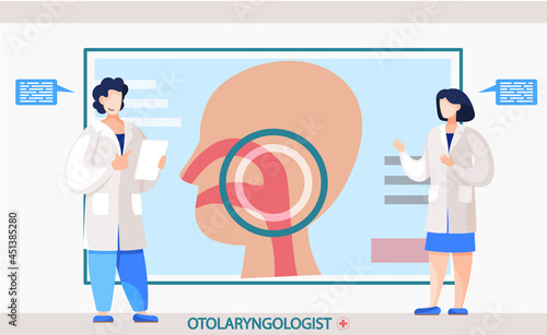 Otolaryngologist doctor with nose, ear and throat or ENT diagnostic and treatment instruments. Otology doctor with patient. Otorhinolaryngology healthcare medicine or otolaryngology diseases
