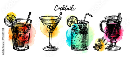 Hand drawn vintage cocktails set. Sketch retro drinks vector illustration isolated on white background