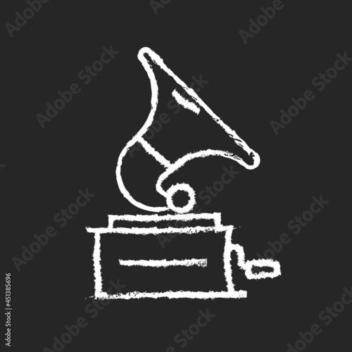 Gramophone chalk white icon on dark background. Phonograph records. Device for sound reproduction. Home entertainment. Antique record player. Isolated vector chalkboard illustration on black