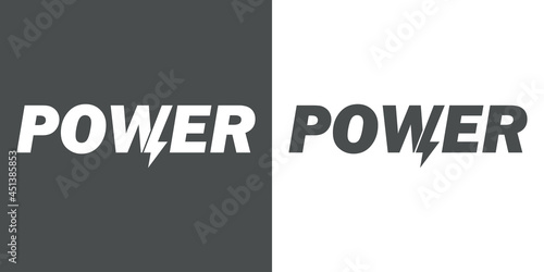 Logotipo con texto POWER con letra W con forma de rayo en fondo gris y fondo blanco
