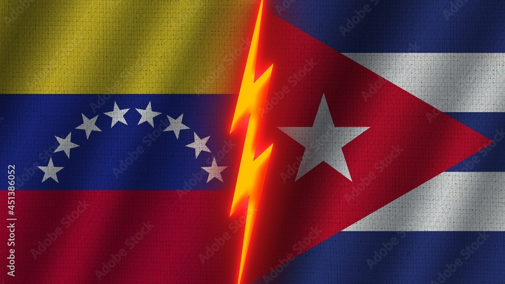 Cuba and Venezuela Flags Together, Wavy Fabric Texture Effect, Neon Glow Effect, Shining Thunder Icon, Crisis Concept, 3D Illustration Cuba and Venezuela Flags Together, Wavy Fabric Texture Effect, Neon Glow Effect, Shining Thunder Icon, Crisis Concept, 3D Illustration