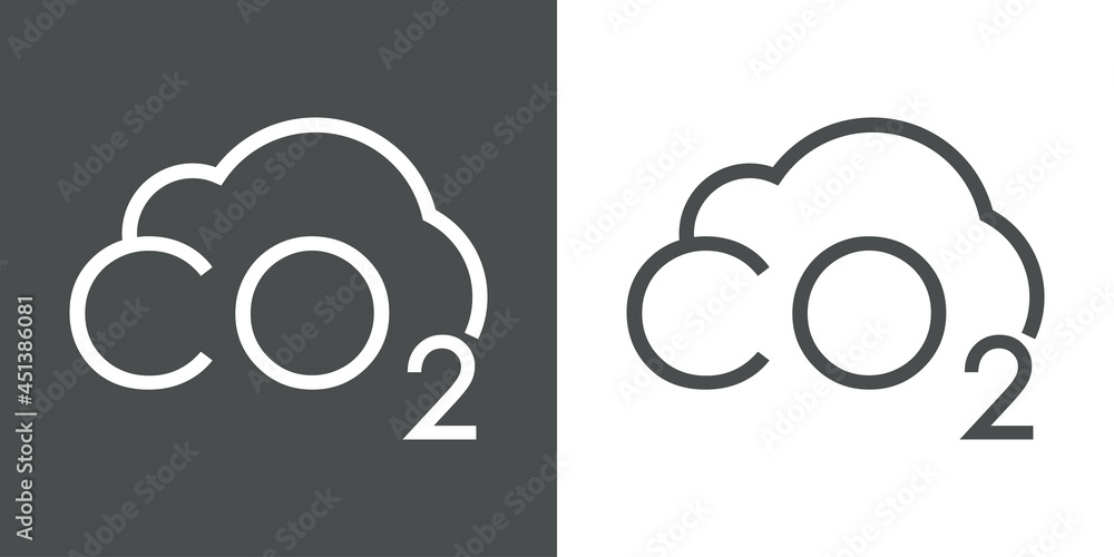 Contaminación por emisiones de dióxido de carbono. Logo con palabra CO2 con forma de nube con lineas en fondo gris y fondo blanco