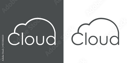 Computing cloud. Logotipo con silueta de nube con texto Cloud con lineas en fondo gris y fondo blanco