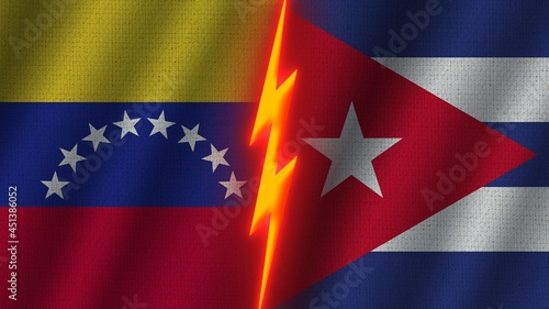 Cuba and Venezuela Flags Together  Wavy Fabric Texture Effect  Neon Glow Effect  Shining Thunder Icon  Crisis Concept  3D Illustration