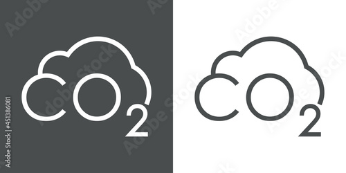 Contaminación por emisiones de dióxido de carbono. Logo con palabra CO2 con forma de nube con lineas en fondo gris y fondo blanco