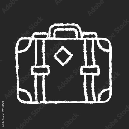 Old-fashioned style suitcase chalk white icon on dark background. Vintage luggage. Travel accessory. Victorian traveling case. Antique leather bag. Isolated vector chalkboard illustration on black