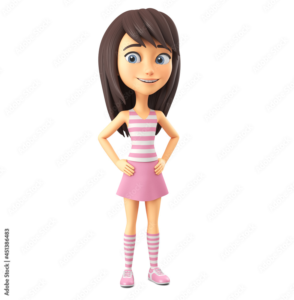 Cartoon character cheerful girl in pink clothes stands on a white background. 3d render illustration. Cartoon character cheerful girl in pink clothes stands on a white background. 3d render illustration.