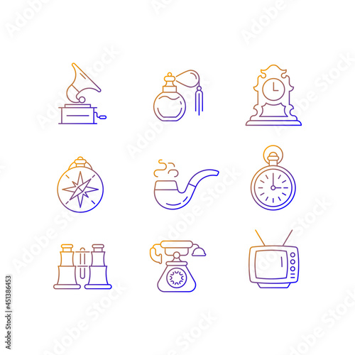 Retro items gradient linear vector icons set. Phonograph records. Vintage perfume. Tabletop clock. Smoking pipe. Thin line contour symbols bundle. Isolated outline illustrations collection