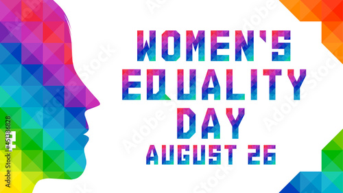 Colorful Text of Women's Equality Day with women silhouette. Vector illustration. 16:9