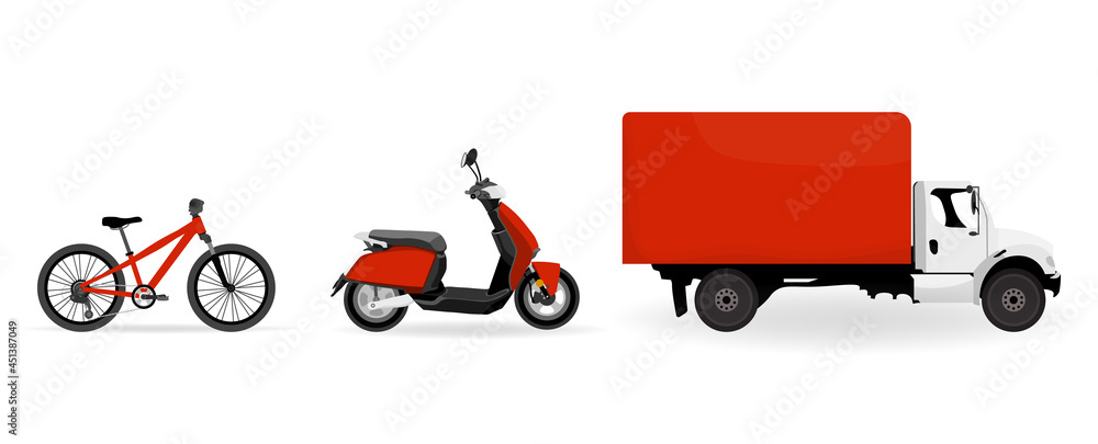 Bicycle scooter van red set. Vector illustration. Bicycle scooter van red set. Vector illustration.