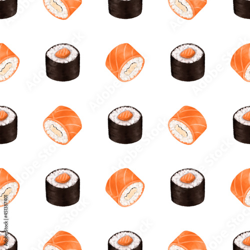 Rolls or sushi seamless pattern on white background. Rice, fish, cheese and nori are included. Suitable for patterns, cafes, menus, backgrounds, wallpapers. Hand drawn, grainy texture, pastel colors