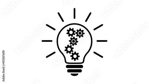 Lamp bulb with 5 gears (cog wheels) rotating inside, turns on and off, black and white simple outline flat icon. Animated idea, innovation sign. Lamp symbol on transparent background. alpha channel.