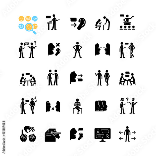 Communication channel black glyph icons set on white space. Body language. Language barriers. Eye contact. Biases. Message receiver and sender. Silhouette symbols. Vector isolated illustration