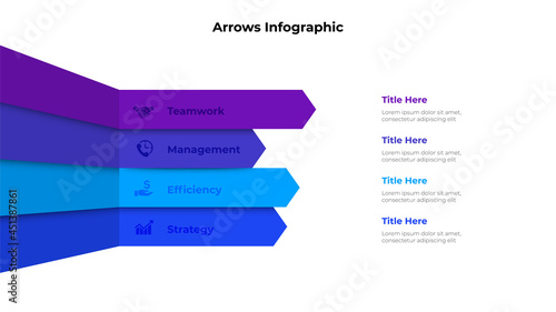 Arrows infographic design template. Business data visualization with 4 options. Concept of development process