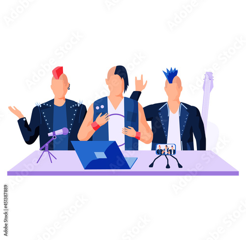 Rock band is singing new track on microphone. Men have music award and guitar. Rock musicians recoding podcast, broadcasting, performing song on phone camera. Live performance at radio station