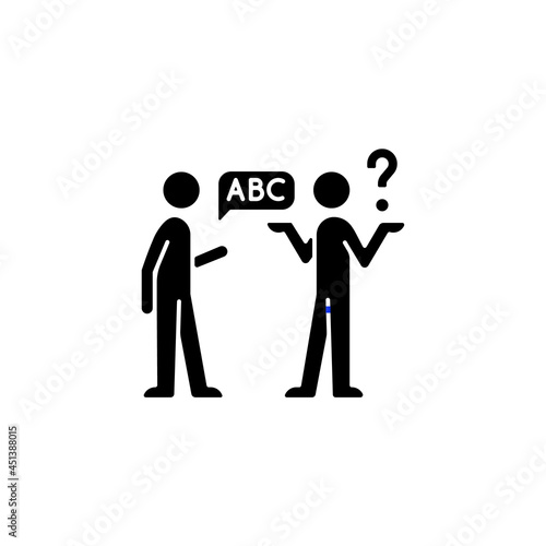 Language barriers black glyph icon. Breakdown in communication. Speaking different languages, dialects. Linguistic barriers. Silhouette symbol on white space. Vector isolated illustration